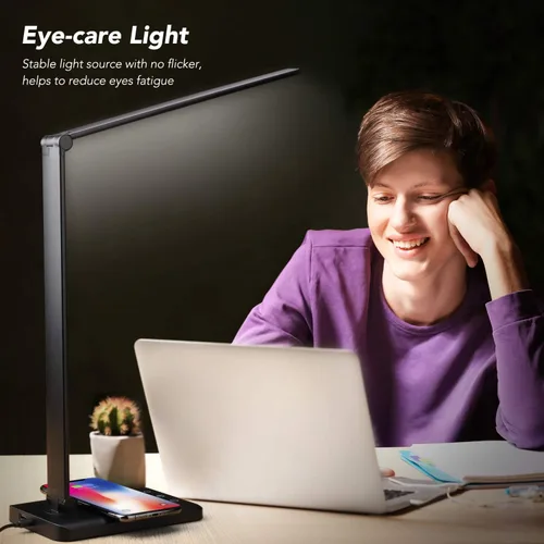 Vista 7 de Lámpara de escritorio LED con cargador inalámbrico, puerto de carga USB, luz nocturna, 5 modos de color, 10 niveles de brillo, lámpara de lectura