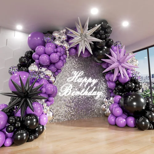 Kit de arco de globos morado y negro, kit de guirnalda de globos de 140 piezas en colores negro, morado, plateado metálico y confeti, globos de