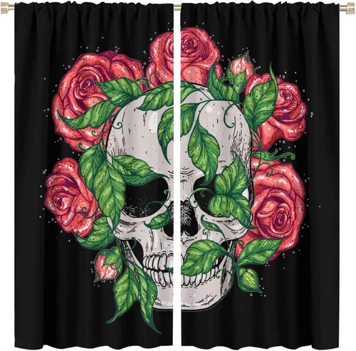 Vista 32 de Cortinas de cabeza de calavera, calavera blanca y rosas rojas con ramas y hojas negras, cortinas opacas decorativas para sala de estar, dormitorio