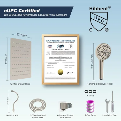 Vista 8 de Hibbent Cabezal de Ducha de Todo Metal Certificado CUPC, Cabezal de Ducha de Lluvia de Alta Presión de 8'', Combo de Cabezal de Ducha de Mano, Brazo