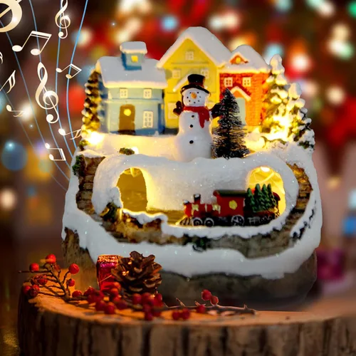 Vista 3 de Decoraciones de Navidad Casa de Pueblo Figuras Coleccionables de Edificios de Resina Árbol Giratorio Globo de Nieve Musical 8 Melodías para Árbol