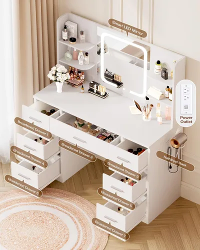 Vista 10 de LIVELYGLOW Escritorio de maquillaje grande blanco con espejo LED inteligente y estación de energía, tocador profesional de 43 pulgadas con 7