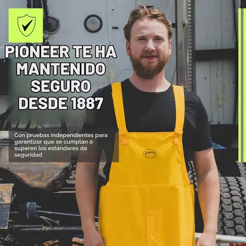 Vista 6 de Traje de trabajo impermeable Pioneer de PVC para hombres – Equipo repelente de lluvia amarillo, chaqueta de seguridad y pantalones de babero - Juego