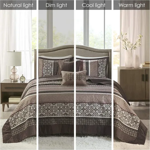 Vista 2 de Madison Park - Juego de edredón lujoso con diseño de rayas jacquard, para todas las estaciones, ligera, almohada decorativa, KingCal King