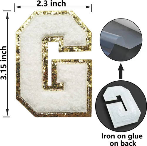Vista 4 de SPRT - Parches de letras de chenilla universitaria con purpurina, parche de letras blancas para planchar con letras del alfabeto para disfraz