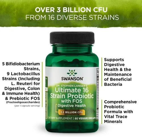 Vista 5 de Swanson Dr. Stephen Langer's Formula - Probiótico natural con FOS prebiótico - Suplemento de 16 cepas que promueve el apoyo digestivo con 3.2 mil