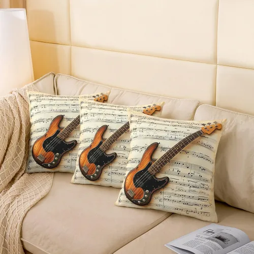 Vista 4 de Guitar Print Double Sides Print Pillow Covers 16"x16",Music Themed Bass Instruments Pillowcase Soft Square Cushion Cases,Rustic Music Score Note