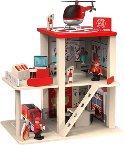 Juego de estación de bomberos de madera, casa de muñecas multicolor de 3 niveles con figuras, camión, helicóptero y accesorios, juguetes educativos