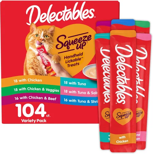 Vista 13 de Delectables Squeeze Up - Paquete variado de puré cremoso exprimible, golosinas húmedas para lamer para gatos, sin granos, sin rellenos añadidos, sin