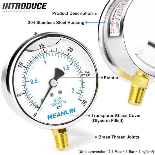 Vista 374 de MEANLIN MEASURE - Vacuómetro de presión de vacío de acero inoxidable, esfera con cara de 2.5 pulgadas, NPT de 1/8 de pulgada, montaje trasero