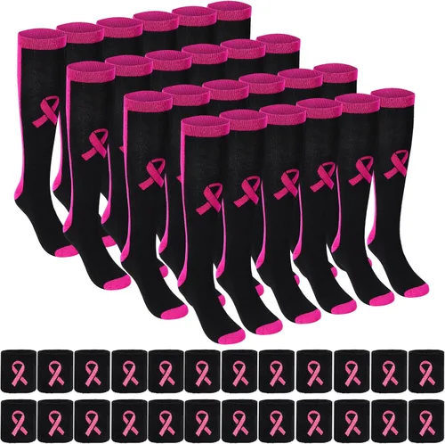 Zhanmai 12 Pairs Breast Cancer Awareness Breast Cancer Pink Ribbon Socks Wristbands for Soccer Volleyball Football Baseball