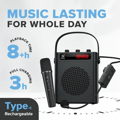 Vista 7 de Amplificador de voz, micrófono inalámbrico, micrófono de mano, micrófono portátil de 40 W y altavoz, sistema de karaoke inalámbrico, altavoz