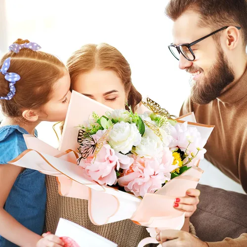 Vista 6 de Outus 60 hojas de papel de regalo para ramo de flores, impermeable, con 60 mariposas 3D, 100 alfileres de flores, 2 rollos de cinta, suministros