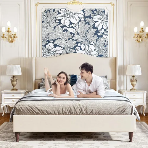 Vista 8 de koorlian Marco de Cama Tamaño Queen Cama Plataforma Tapizada con Cabecera Alta de 51" con Respaldo Alado, Tela Suave, Cama Plataforma