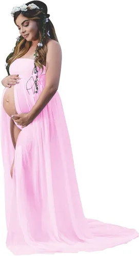 Vestido de maternidad sin tirantes para mujer, con hombros descubiertos, para fotografía, vestido de gasa con abertura frontal para sesión de fotos