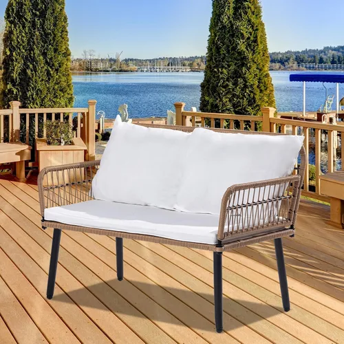 Vista 3 de Homsido Sofá biplaza para patio al aire libre, sofá de patio de 2 asientos, muebles tejidos de mimbre para todo tipo de clima, muebles tejidos