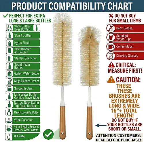Vista 3 de ALINK Juego de cepillos largos extra grandes para botellas – Limpiador de botellas con mango de bambú de 16/15 pulgadas de largo para botellas