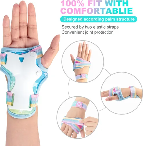 Vista 7 de SULIFEEL Patines ajustables para principiantes con rodilleras de unicornio arcoíris verde y rosa