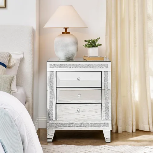 Vista 81 de HomVent Mesita de noche con espejo, mesa auxiliar con espejo, mesa de noche pequeña de cristal plateado para dormitorio, sala de estar