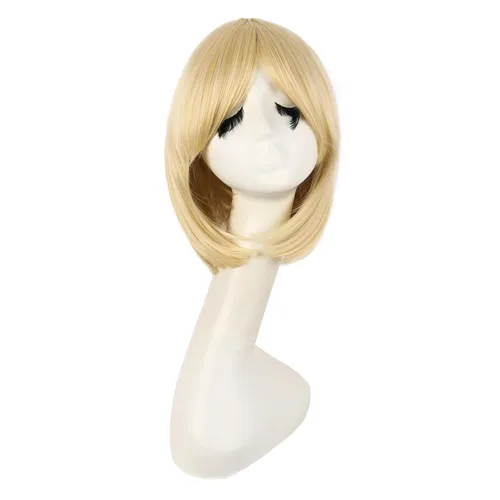Vista 7 de MapofBeauty Bob corto recto flequillo lateral fibra sintética resistente al calor pelo fiesta Cosplay peluca (rubio)