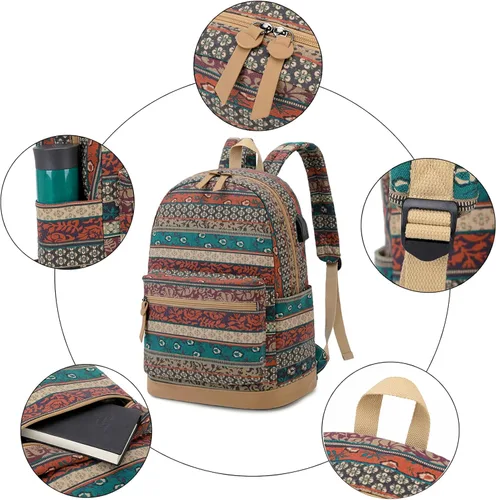 Vista 3 de Mochila bohemia impermeable para laptop con puerto de carga USB e interfaz para auriculares, resistente al agua de 15.6 pulgadas, mochila escolar