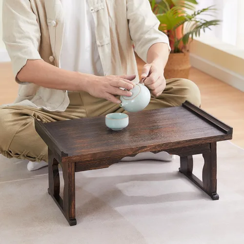 Vista 4 de Mesa de piso japonesa, pequeña mesa de café y té, altar para meditación, mesa baja para sentarse en el piso, bandeja de cama de madera con patas