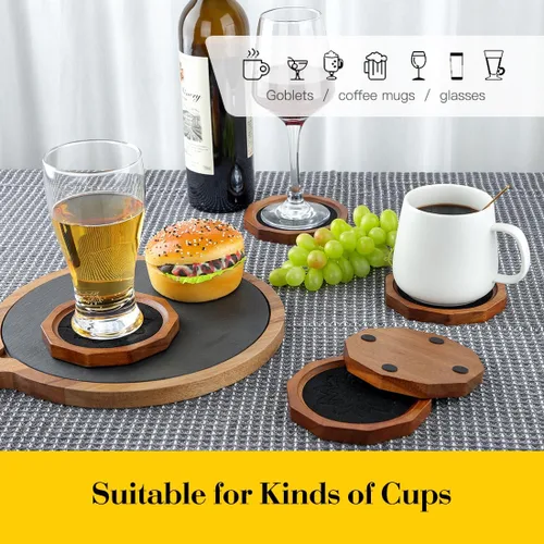 Vista 5 de Posavasos de Madera para Bebidas Absorbentes con Borde, 4.3 Pulgadas Posavasos Rústicos de Acacia Negra con Soporte de Feltro para Mesa de Café