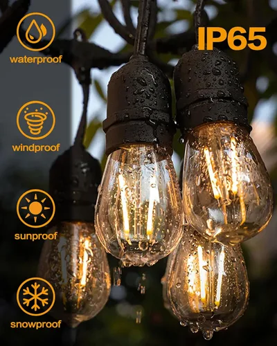 Vista 5 de Tira de luces LED superbrillantes para exteriores, bombillas S14 de 48 pies (1 repuesto), IP65 impermeable, grado comercial e inastillable