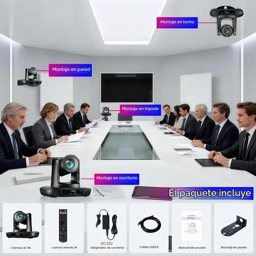 Vista 9 de Cámara PTZ 4K UHD con seguimiento automático AI, zoom óptico 20X, USB3.0/HDMI/LAN PoE, transmisión en vivo IP, cámara de sala de conferencias PTZ