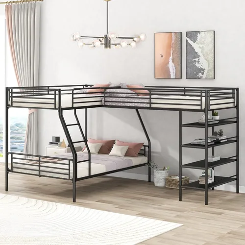 Vista 9 de Bellemave Literas triples, literas en forma de L de tamaño individual sobre cama matrimonial adjunta a una cama alta con escritorio, literas triples
