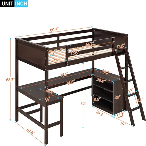 Vista 2 de Cama tipo loft de tamaño individual con estantes y escritorio, marco de cama de madera con escalera inclinada y barandilla de seguridad, adecuada