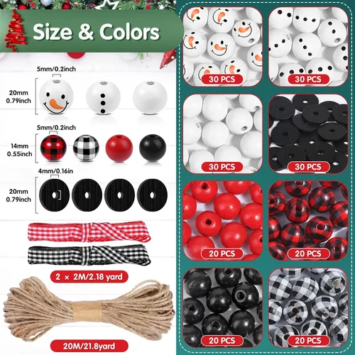 Vista 2 de 200 cuentas de madera de Navidad para manualidades, cuentas redondas de búfalo a cuadros, cuentas espaciadoras sueltas y pulidas, cuentas