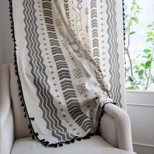 Vista 29 de VOGOL Cortinas de dormitorio de estilo bohemio, cortinas semiopacas con estampado de rayas con borlas para sala de estar, comedor, 1 panel de C4