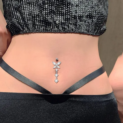 Vista 2 de Sterling Silver Dangle Belly Button Rings Stud Belly Rings ButterflyHeartFlowerRound Belly Rings for Women Navel Rings CZ Body Piercing