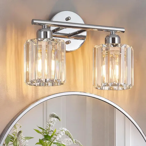 Vista 8 de Moderna lámpara de tocador de cristal de 2 luces, lámpara vertical negra sobre espejo para tocador y fregadero, compatible con bombillas regulables