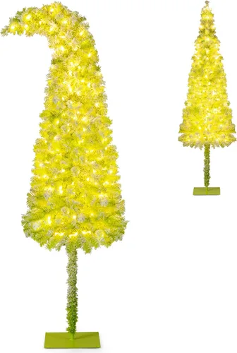 Vista 11 de Goplus Árbol de Navidad de 6.5 pies preiluminado de color azul, delgado, árbol de Navidad artificial con bisagras con 200 luces LED blancas cálidas
