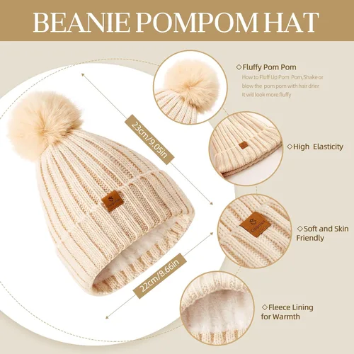 Vista 2 de Coolprince Gorro de invierno para mujer, bufanda larga, guantes para pantalla táctil, con forro polar, gorro de punto cálido con pompón