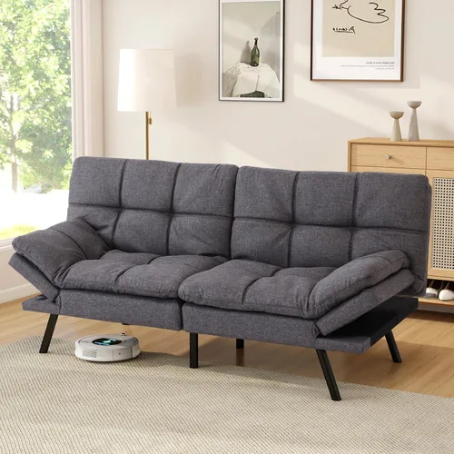 Vista 12 de Opoiar Sofá cama de cuero tipo futón convertible de espuma viscoelástica, sofá biplaza moderno con reposabrazos y respaldos ajustables para espacios