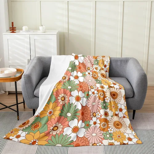Colorful Daisy Flower Blankets,70s Hippie Style Flannel Blanket,Groovy Bohemian Fleece Blanket for Kids Girls Woman Teens Room Decor,Plants Vivid