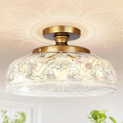 Vista 13 de Lámpara de Techo Semiempotrada, Accesorio de Iluminación de Techo Dorado Grande de 12 Pulgadas, 3 Luces con Globo de Vidrio Estilo Casa de Campo