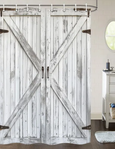 Vista 22 de JAWO Cortina de ducha rústica para puerta de granero, estilo occidental, para baño, tablero de madera marrón, tela impermeable de poliéster