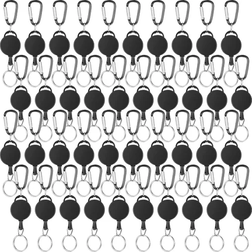 Vista 8 de Llavero retráctil resistente con clip de carrete de identificación con cuerda de nailon y hebilla de metal para llevar llaves, color negro