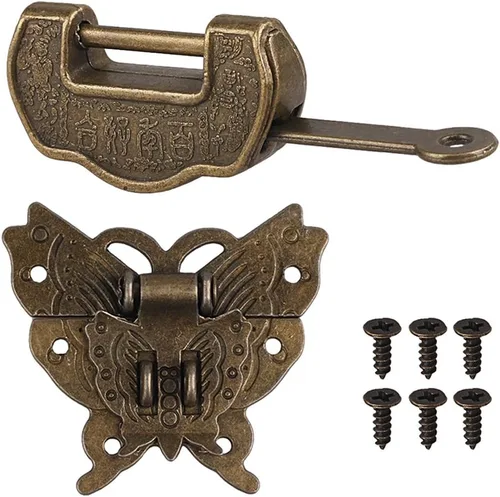 Cerraduras chinas antiguas con llave y pestillo, caja de regalo de joyería vintage, cerradura de candado decorativo, juego de cerraduras de cierre