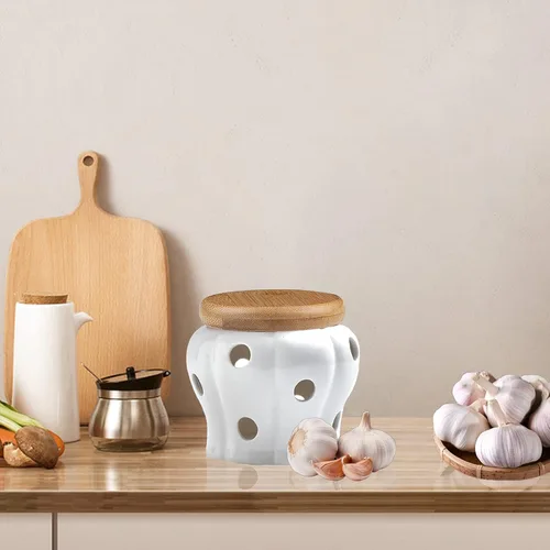 Vista 2 de MEKBOK Garlic Keeper,Garlic Keeper para mostrador,Contenedor de ajo ventilado blanco,Contenedor de almacenamiento de ajo de cerámica con tapa