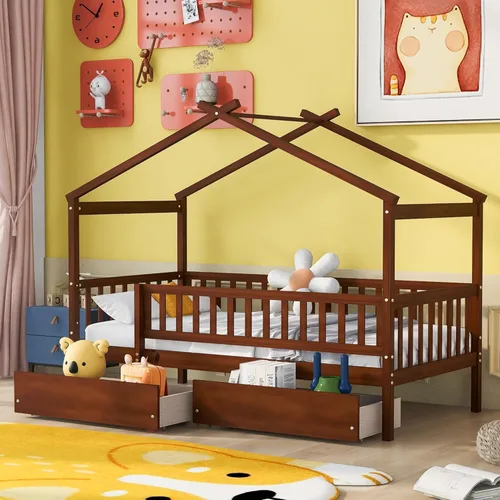 Vista 8 de Merax Cama de madera de tamaño individual con dos cajones, marco de cama de madera con techo para niños, adolescentes, niños o niñas, gris