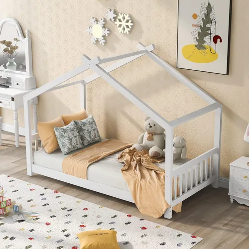 Vista 17 de Harper & Bright Designs Cama matrimonial para niños, cama de madera con cabecera y estribo, base de cama matrimonial para niños pequeños, cuna