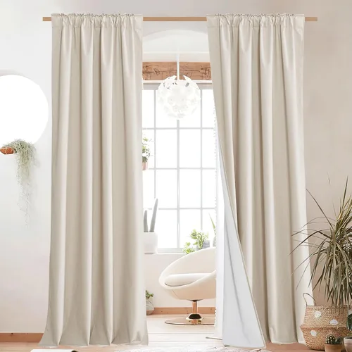Vista 2 de NICETOWN Cortinas de lino 100% opacas para sala de estar con forro blanco aislado térmico, 52 pulgadas de ancho, 2 paneles, cortinas de 84 pulgadas