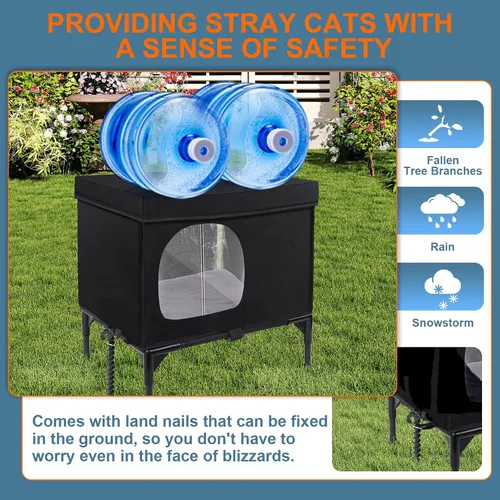 Vista 4 de Casa para gatos al aire libre, resistente a la intemperie, aislada, para gatos con cojín acogedor, refugio elevado para gatos al aire libre