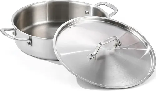 Vista 8 de DELARLO Sartén de acero inoxidable de tres capas de 3.5 cuartos de galón con tapa, olla Rondeau de inducción con tapa, sartén de 12 pulgadas