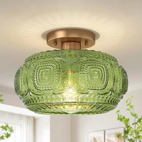 Vista 14 de Lámpara de techo de montaje semiempotrado, lámpara de techo de vidrio globo verde, accesorios de iluminación de cocina Art Deco para techo